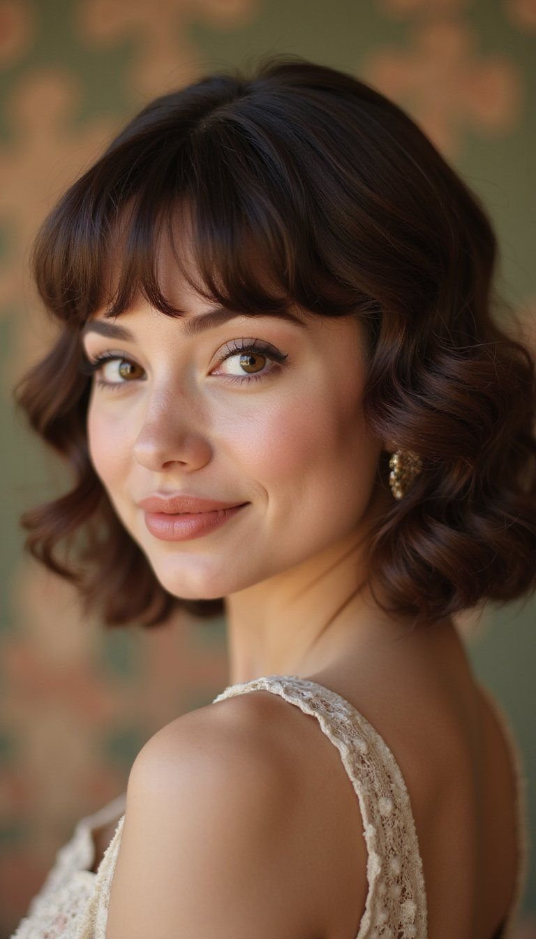Vintage-Inspired Piecey Bangs And Soft Curls