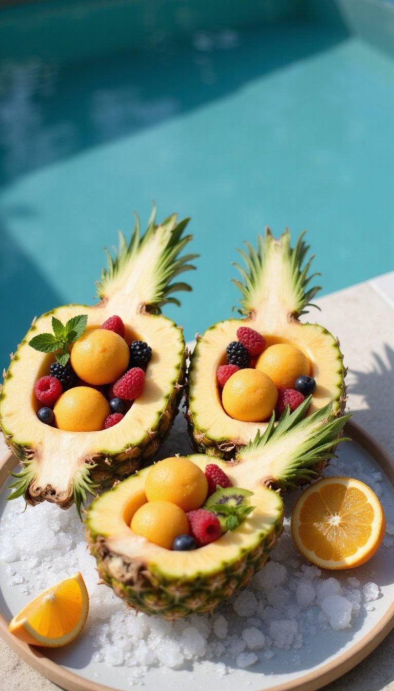 Fresh Fruit Boats Served In Pineapple Shells