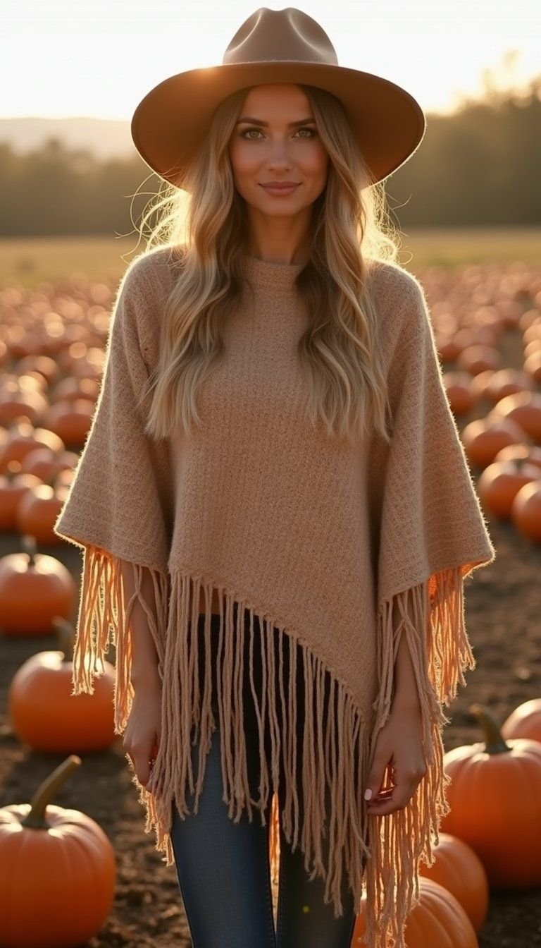 Boho Fringe Poncho With Wide Brim Hat