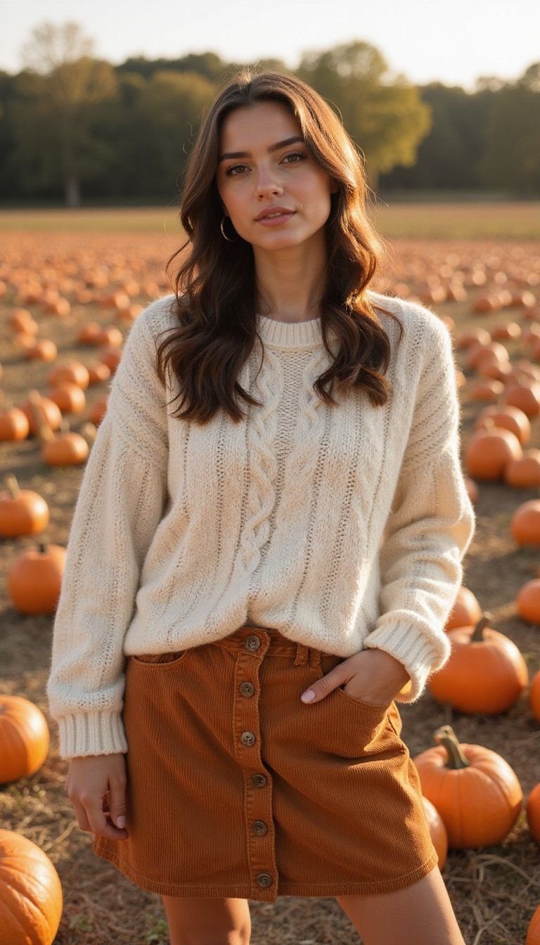 Chunky Cable Sweater With Corduroy Skirt