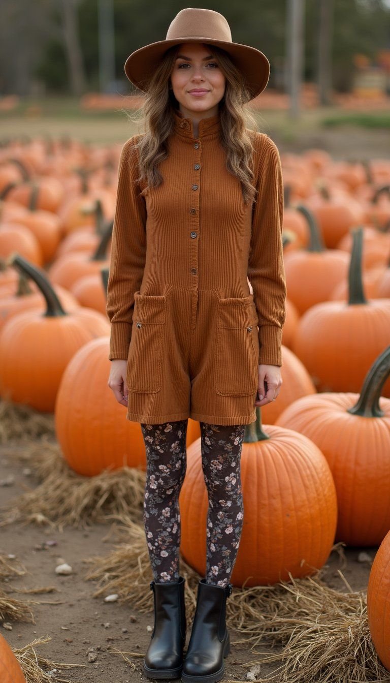Corduroy Jumper Paired With Patterned Tights