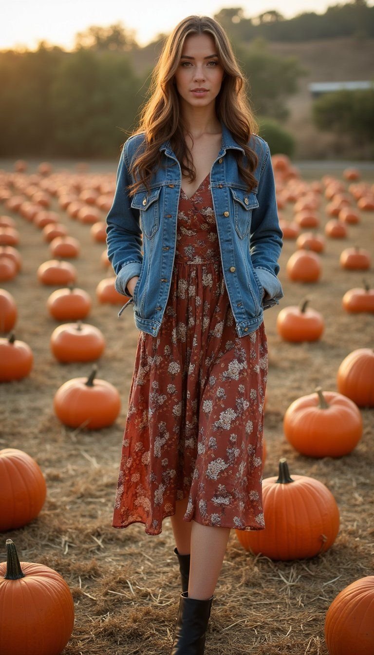 Denim Jacket With Floral Midi Dress And Boots