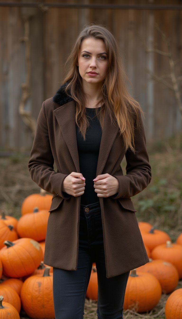 Faux Fur Collar Coat With Dark Skinny Jeans