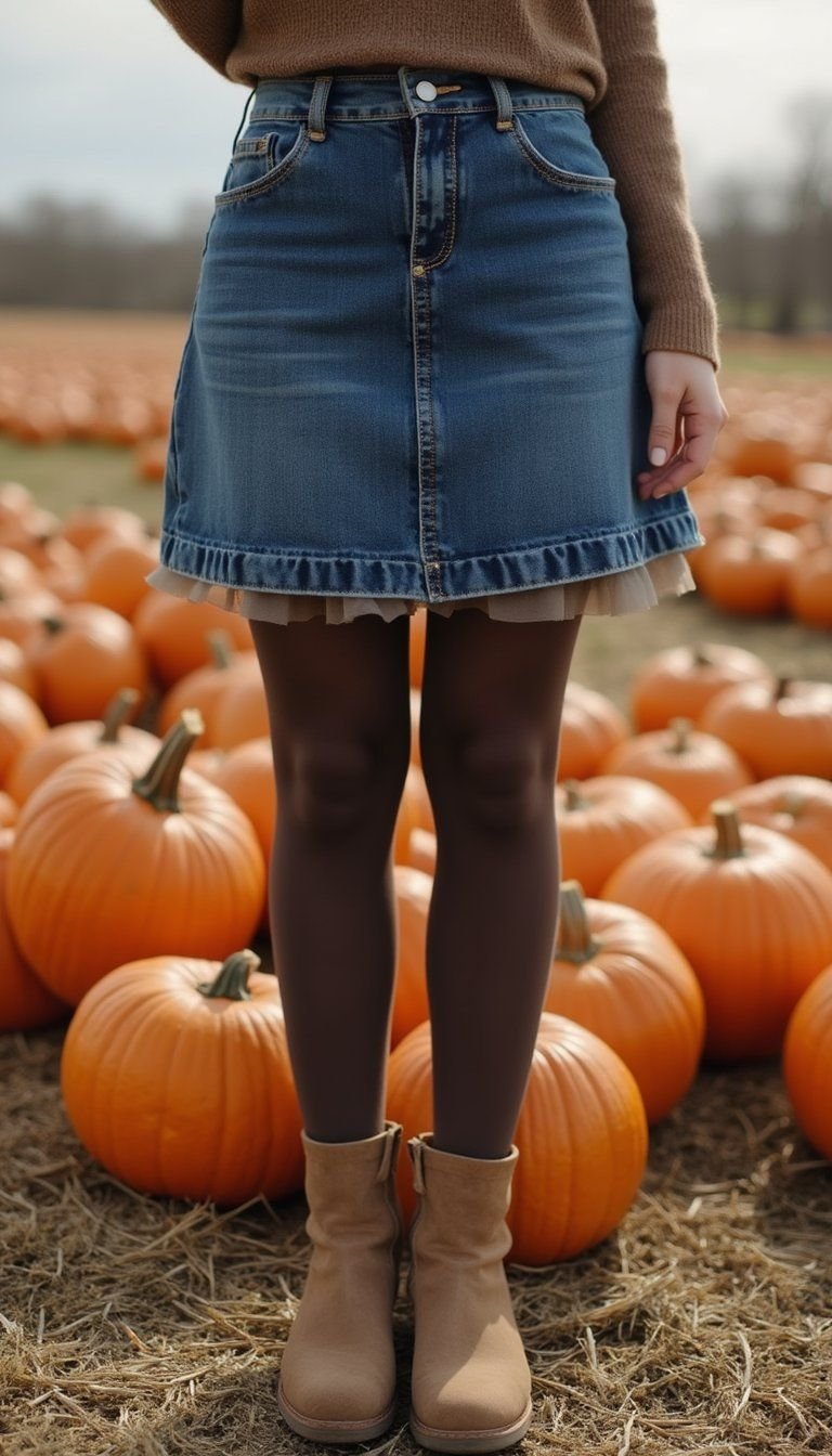 Layered Tights Under A Denim Skirt With Booties