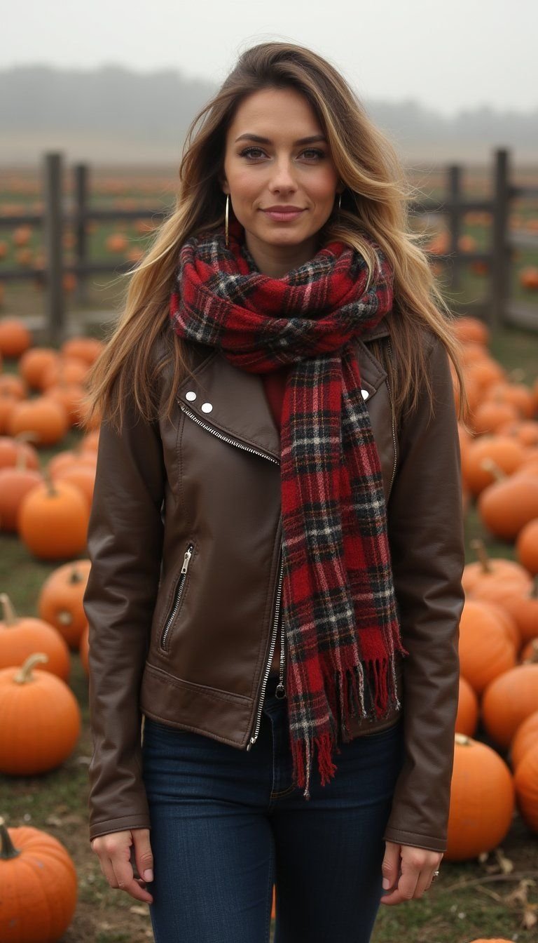 Leather Moto Jacket With Cozy Plaid Scarf