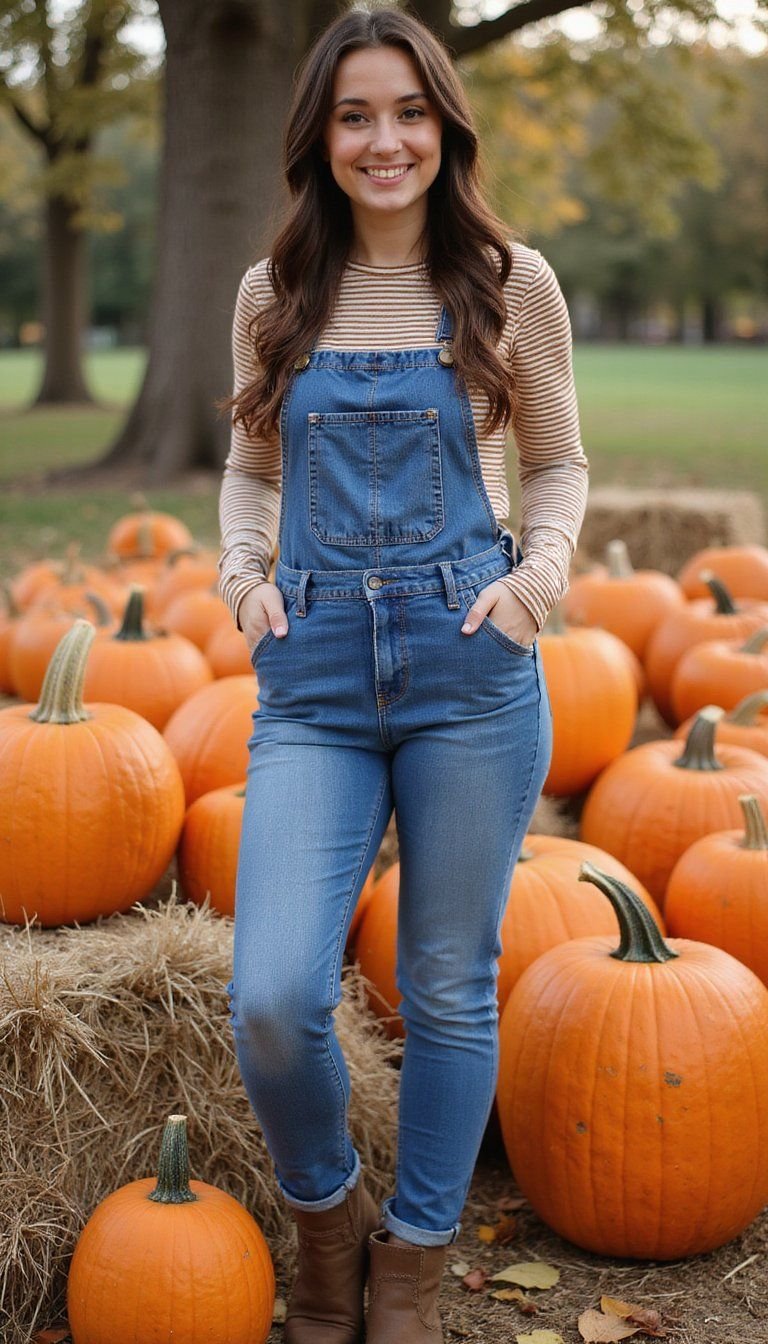 Overalls Striped Tee And Ankle Boots