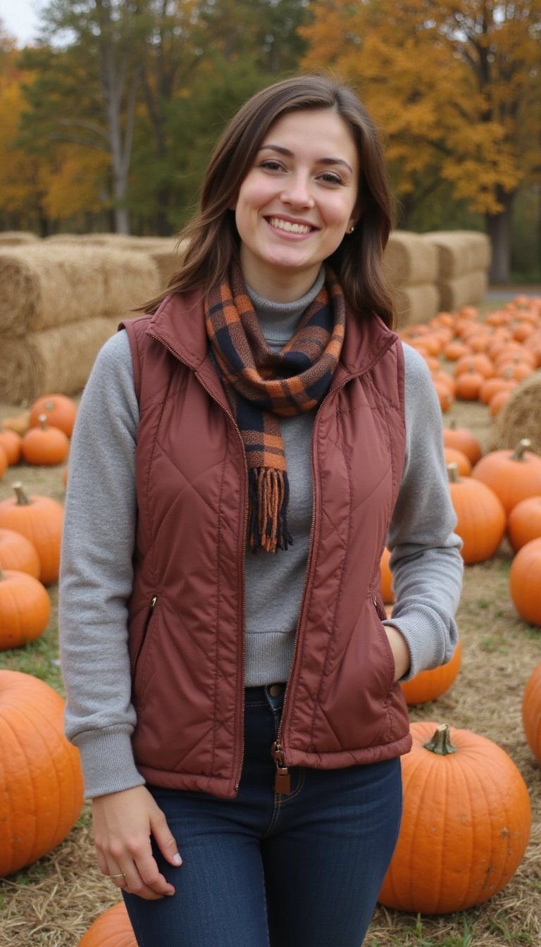 Quilted Vest Layered Over Turtleneck And Scarf