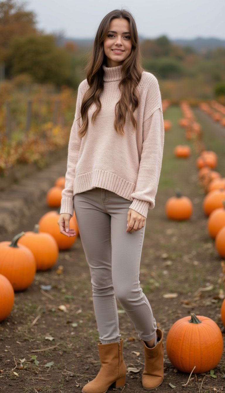 Soft Pastel Sweater With Neutral Straight Jeans