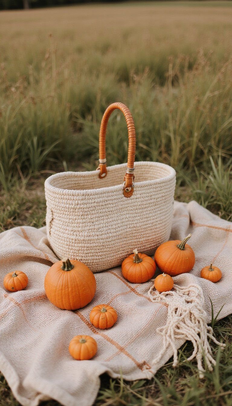 Boho Picnic Among Pumpkins With Plaid Blanket