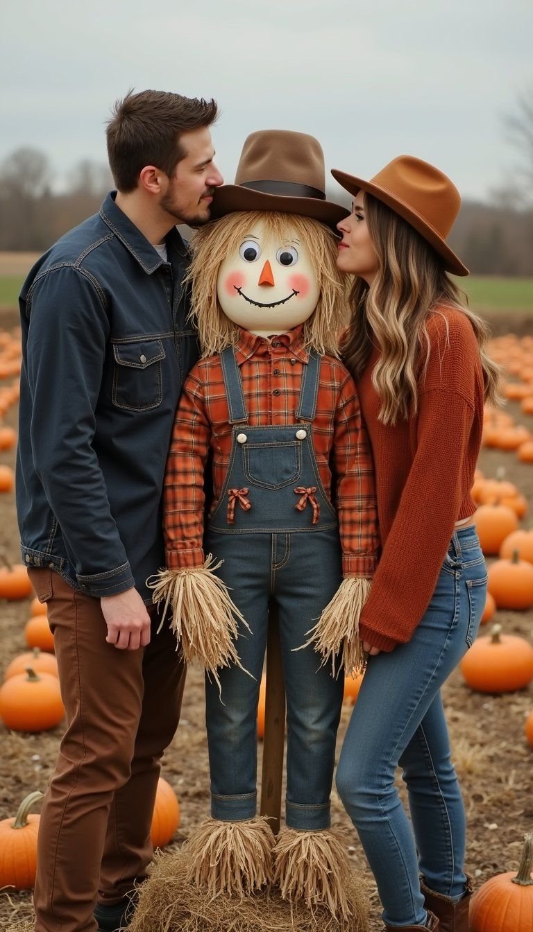 Couple Kiss Beside A Hand‑Painted Scarecrow