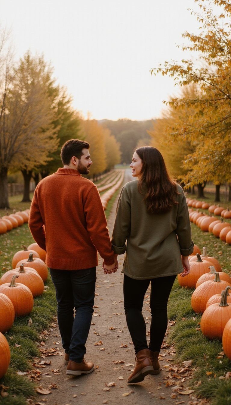 Couple Walking Through Pumpkin Rows Hand In Hand