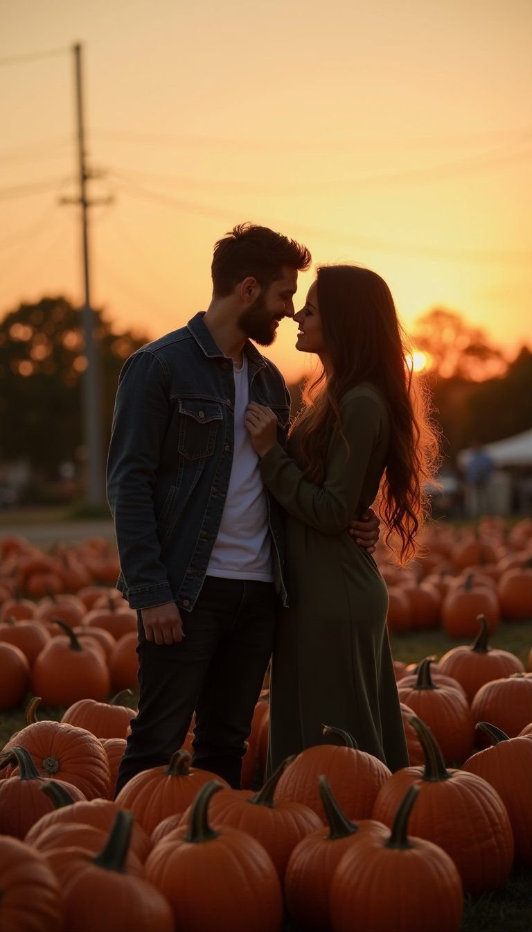 Golden Hour Silhouette Between Pumpkins