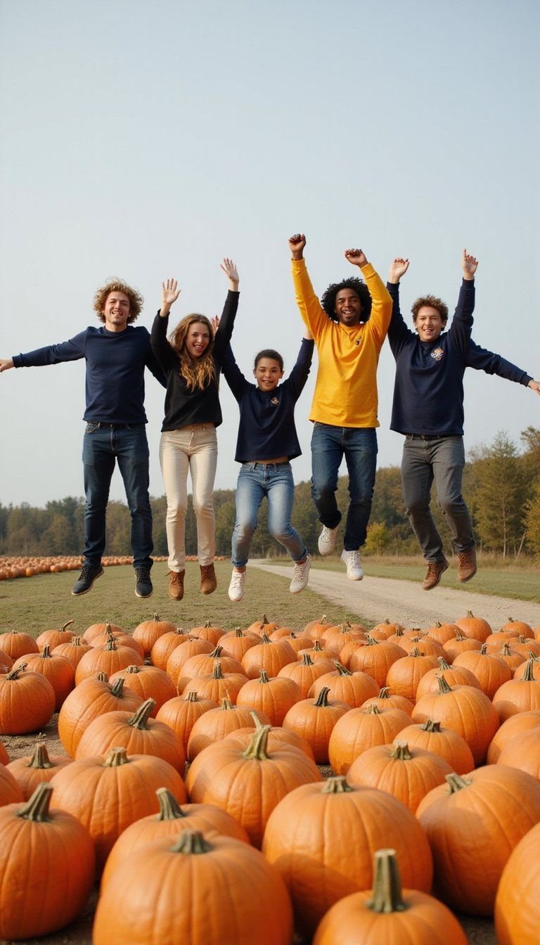 Group Jump Shot Over a Pumpkin Patch Row