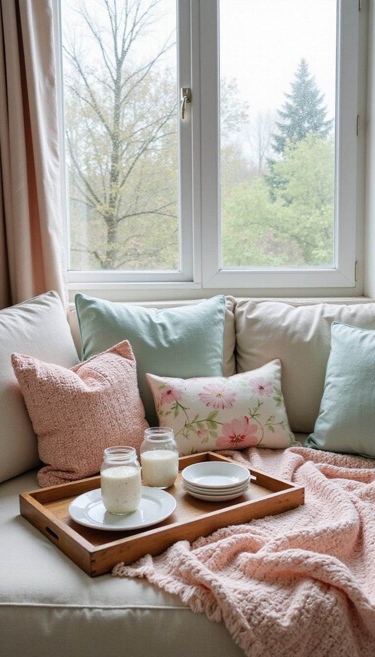 Cozy Indoor Picnic With Spring Florals And Blankets