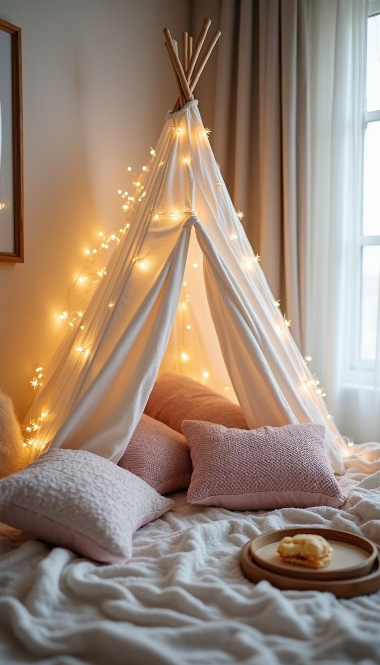Indoor Fort Building With Fairy Lights And Pillows