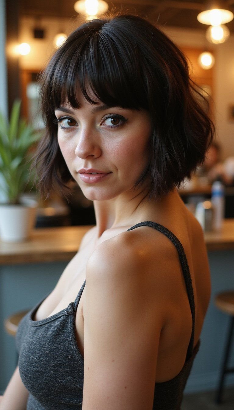 Sachel With Micro Bangs For A Bold Retro Flair