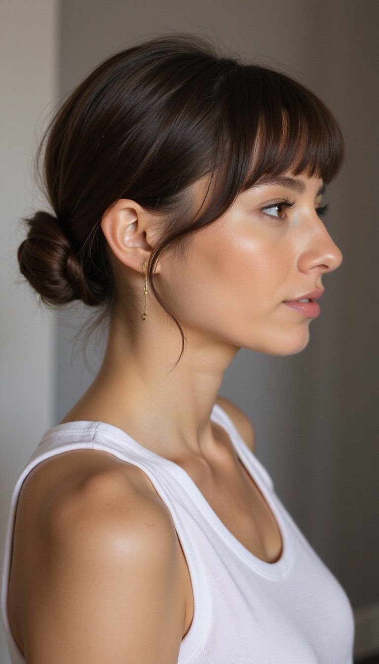 Sleek Low Bun With Side-Swept Fringe Touch