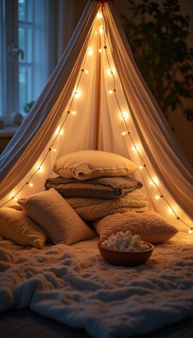 Living Room Blanket Fort And Movie Marathon