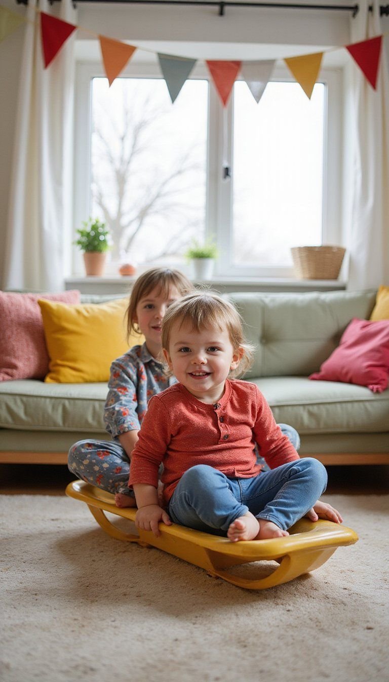 Living Room Sledding On Cushions Race