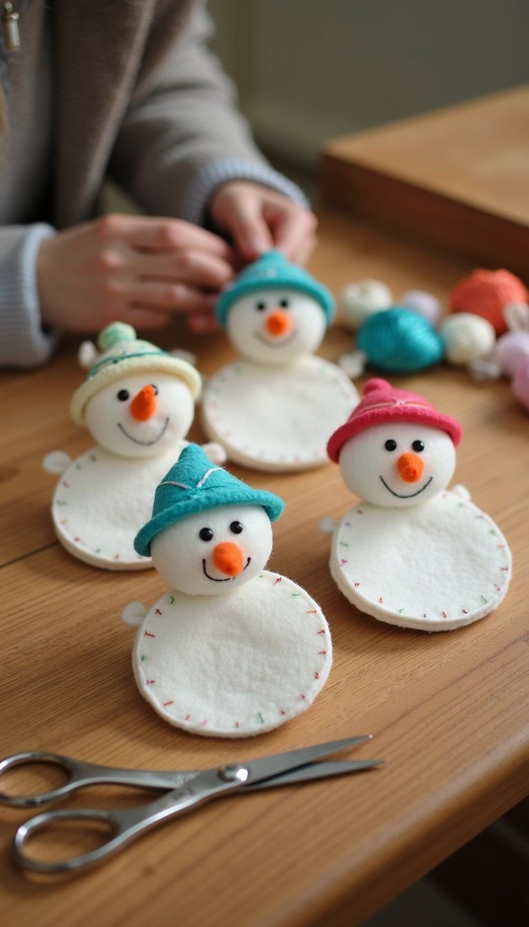Felt Snowman Ornaments With Hand Stitched Details