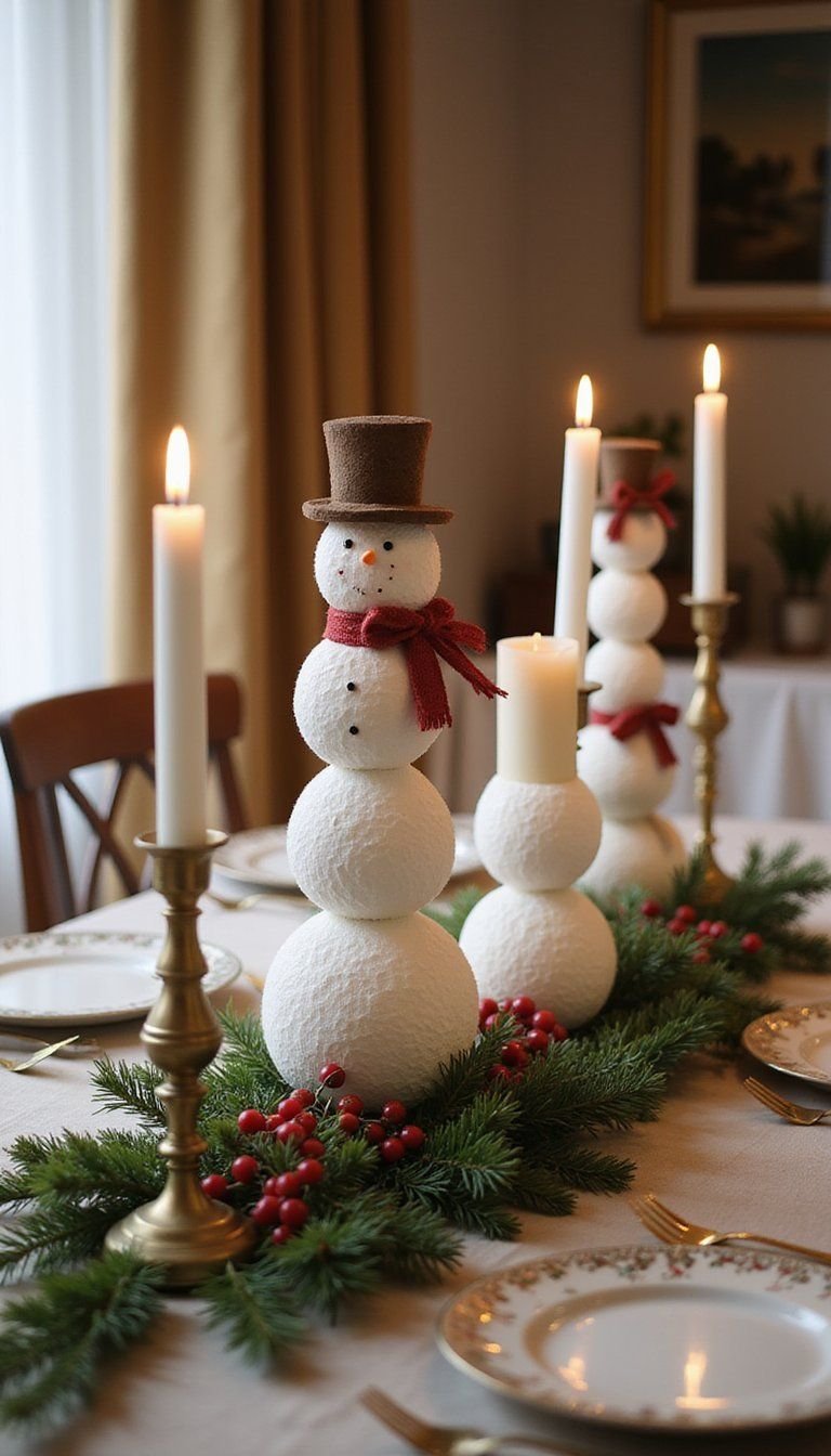 Snowman Centerpiece With Pine And Berries