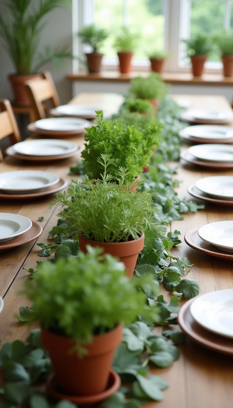 Botanical Greenery Runner With Potted Herbs