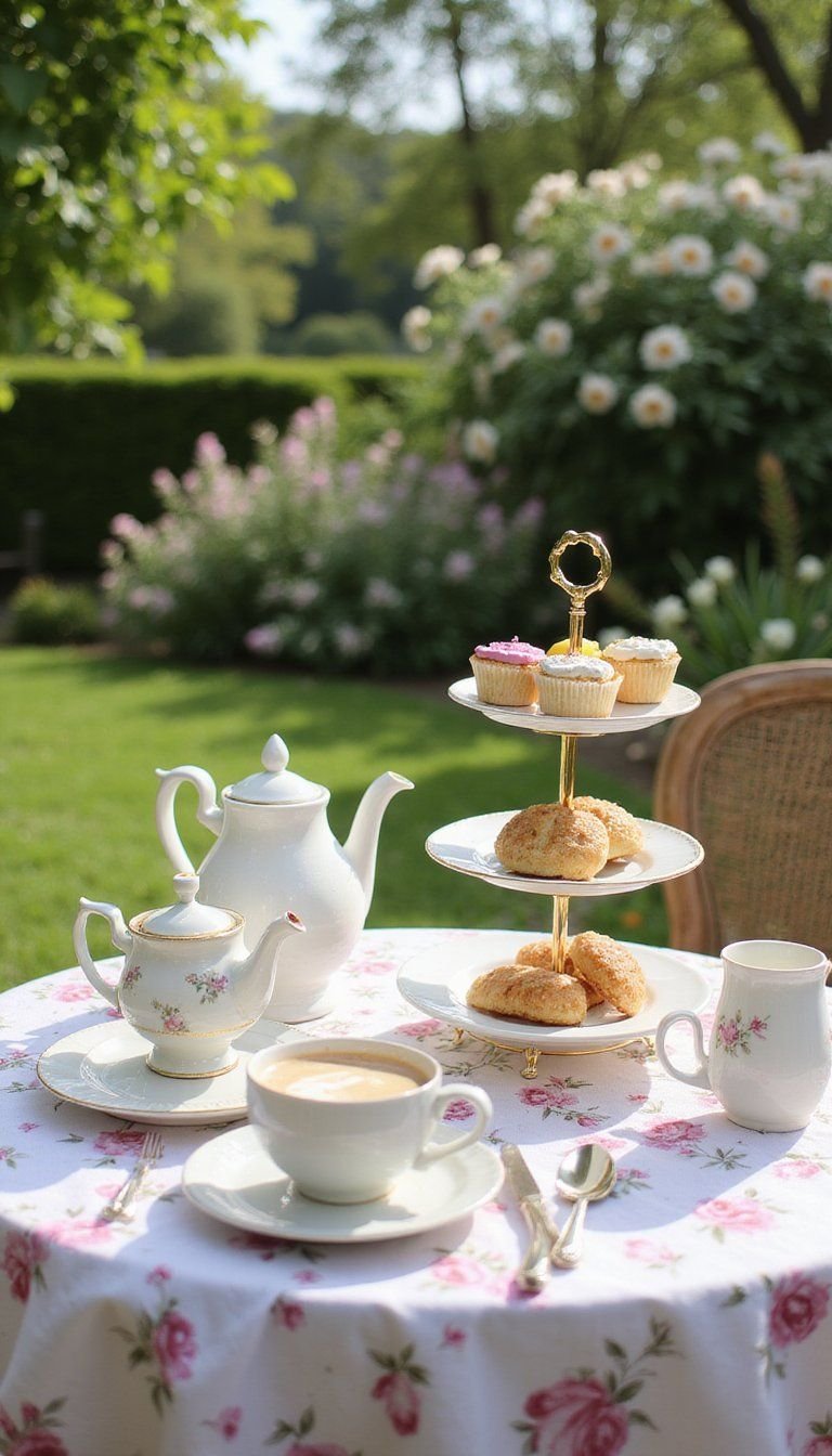 Garden Tea Setting With Teapots And Scones