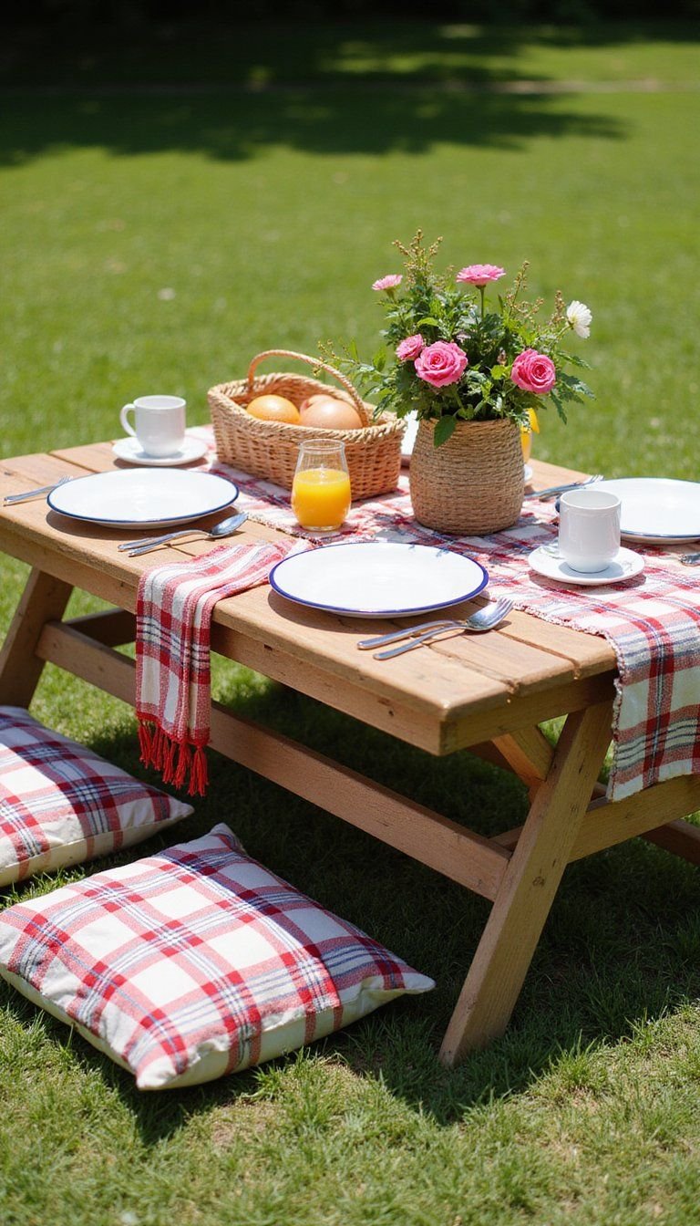 Picnic-Style Low Table With Plaid Details