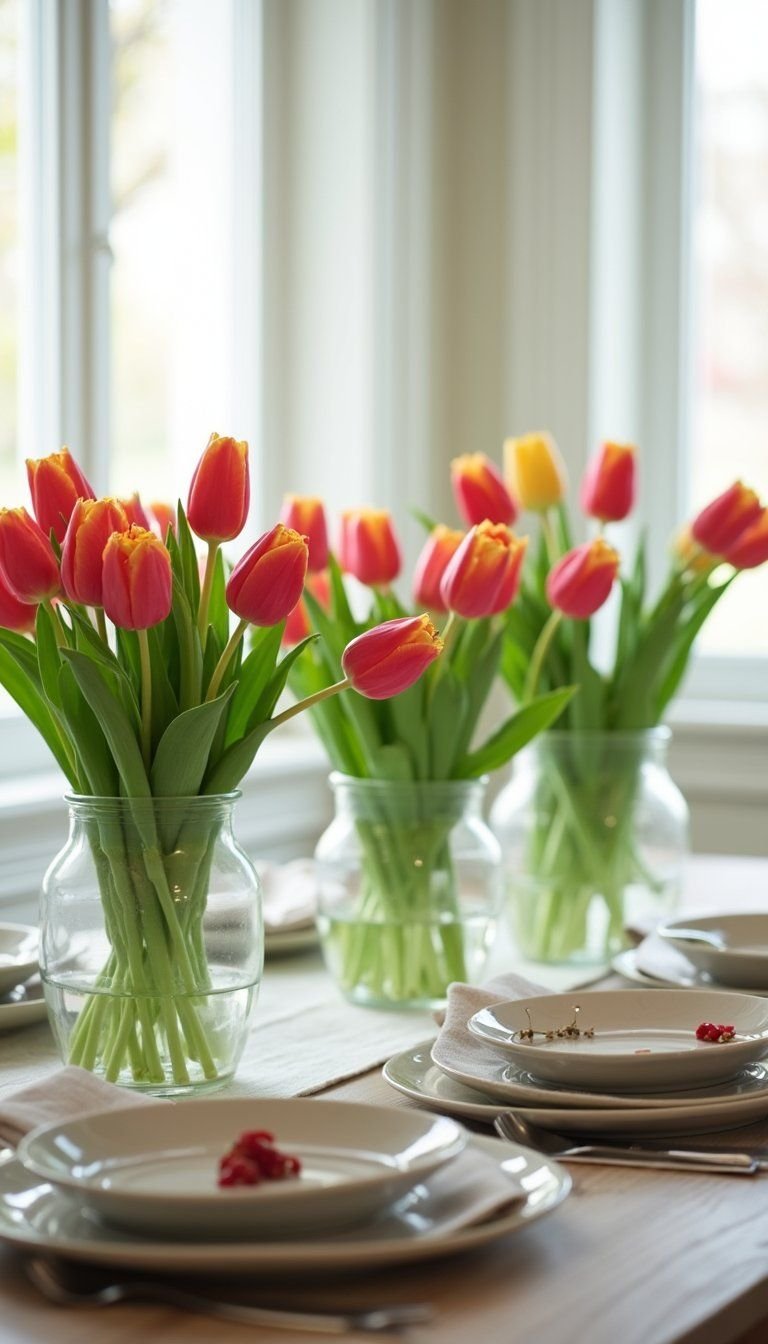 Tulip-Focused Centerpiece With Linen Napkins And Greenery