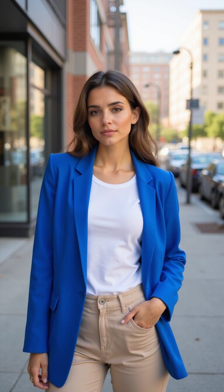 Bold Color Pop Blazer Over Neutral Basics