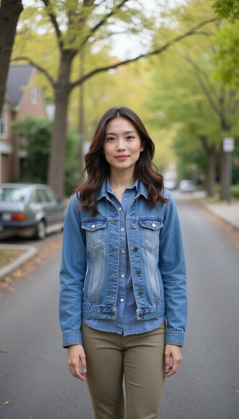 Denim Jacket Over Chambray Shirt And Khakis
