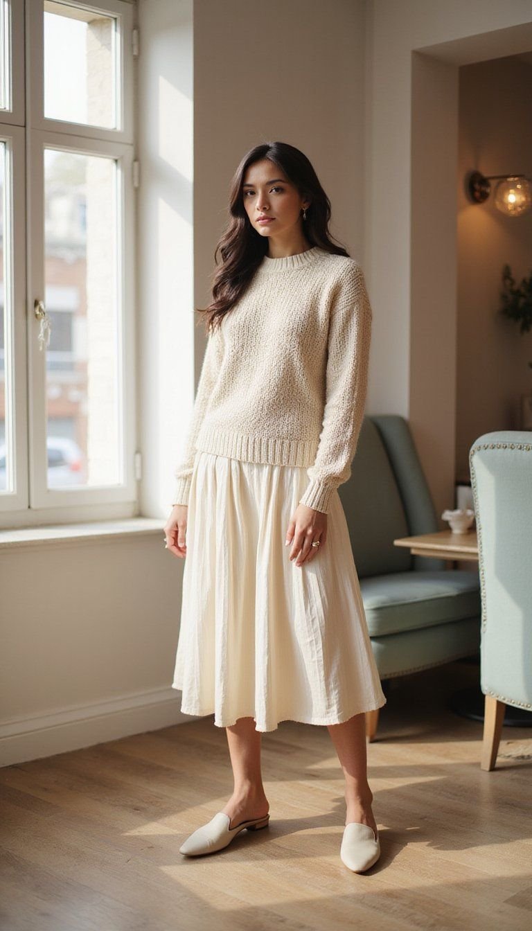 Light Knit Sweater With Pleated Midi Skirt And Mules