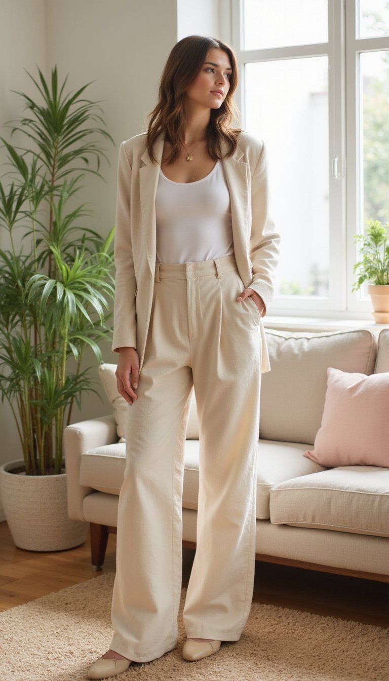 Linen Blazer Paired With White Tee And Wide Pants
