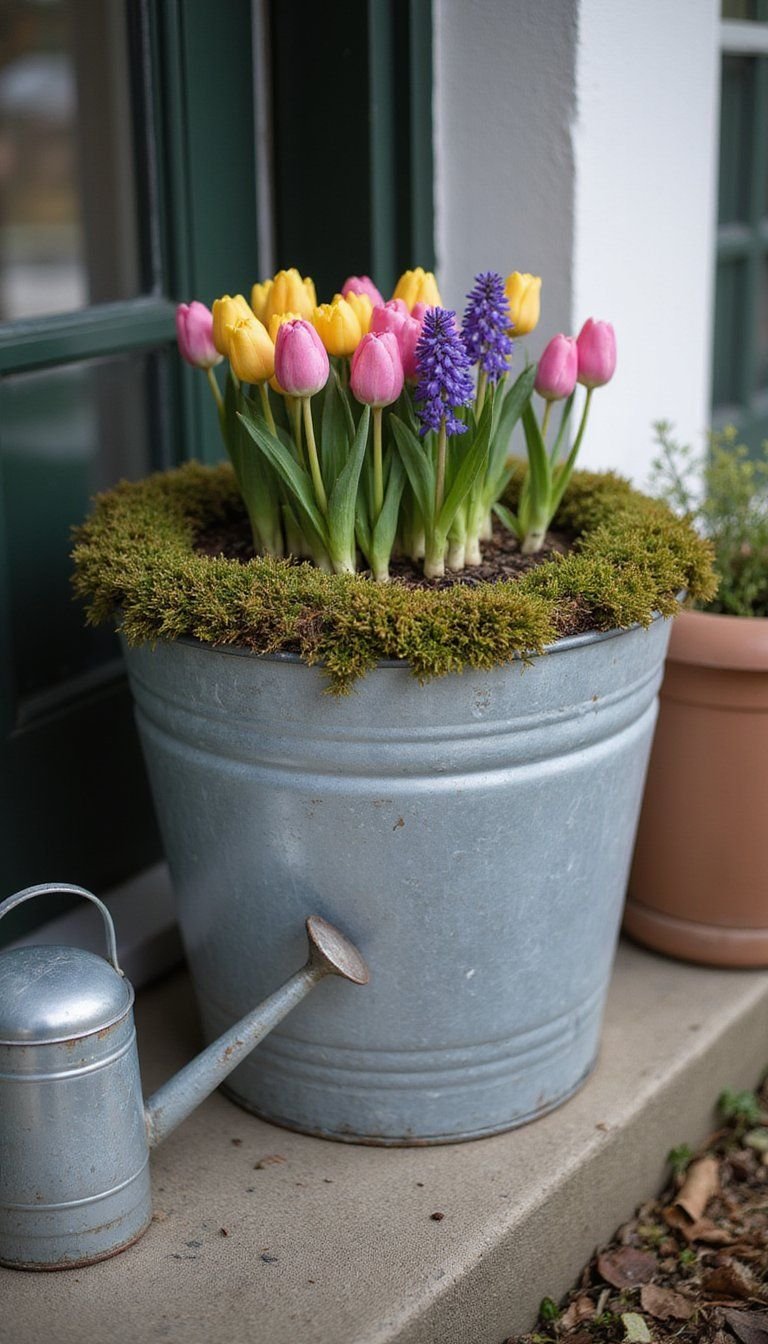 Galvanized Tub Planter Filled With Spring Bulbs