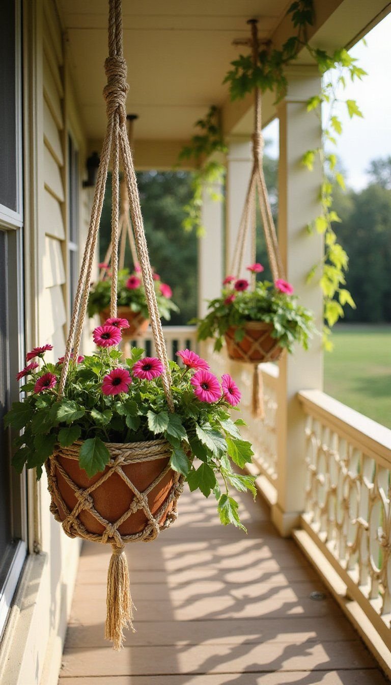 Hanging Macramé Baskets Overflowing With Seasonal Flowers