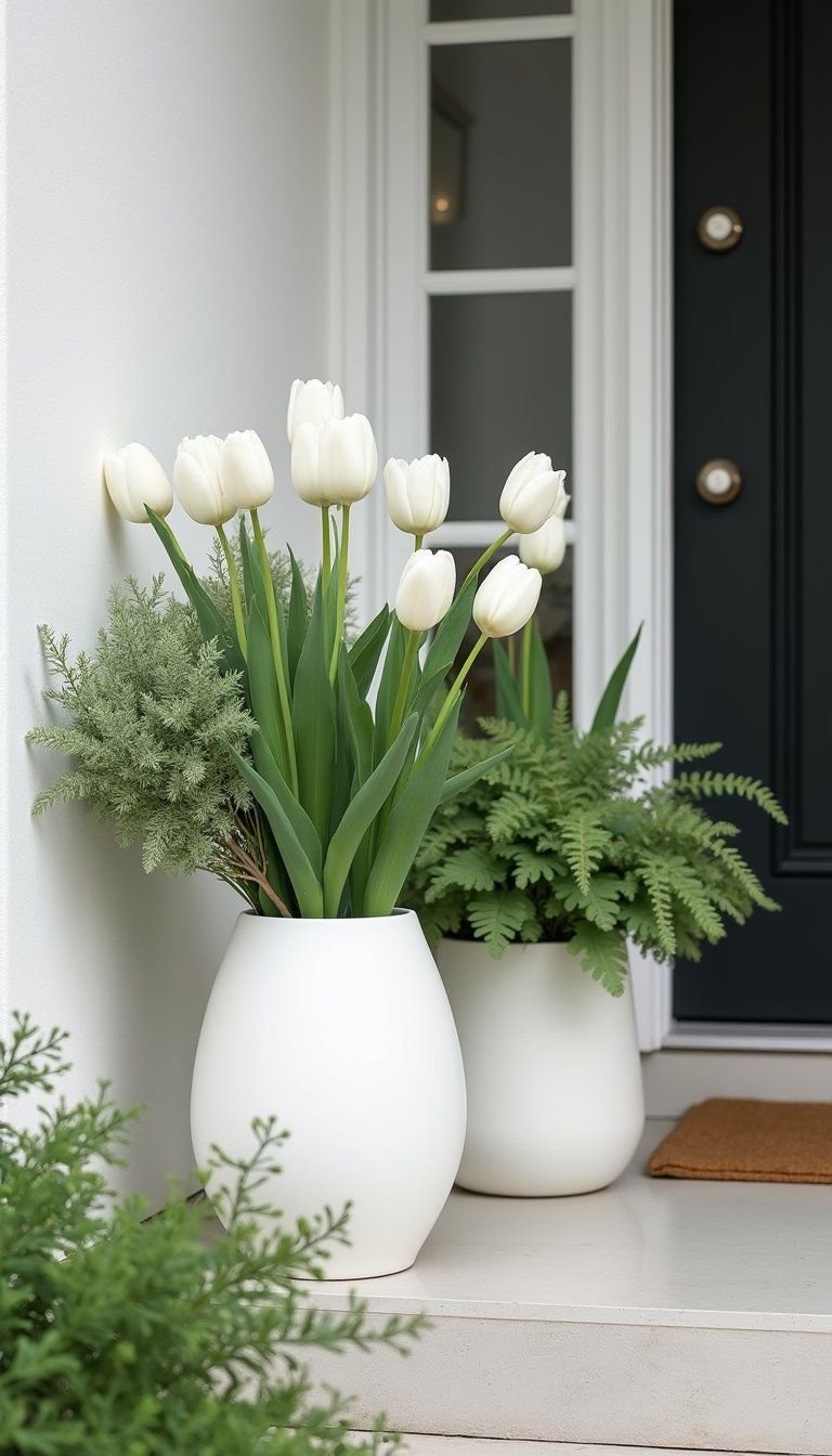 Monochrome White Bloom Display With Textured Greenery