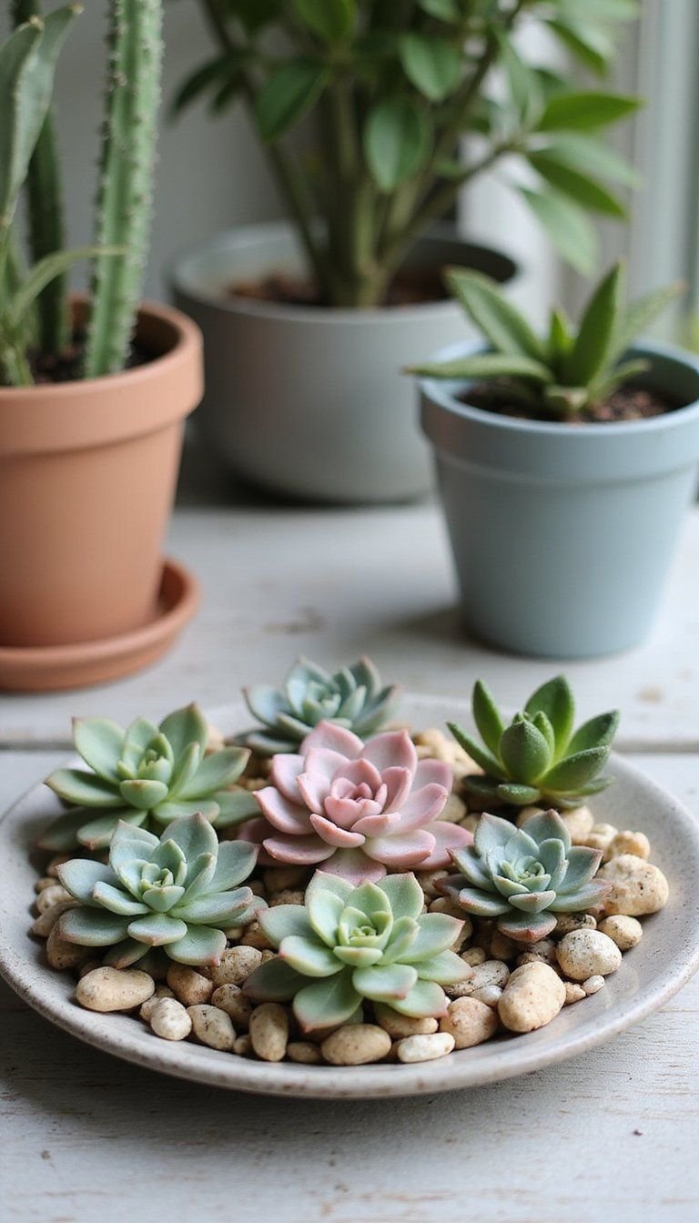 Shallow Tray Succulent Terrace With Stone Accents