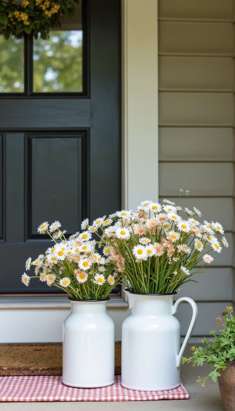 Vintage Milk Jug Floral Display On Steps