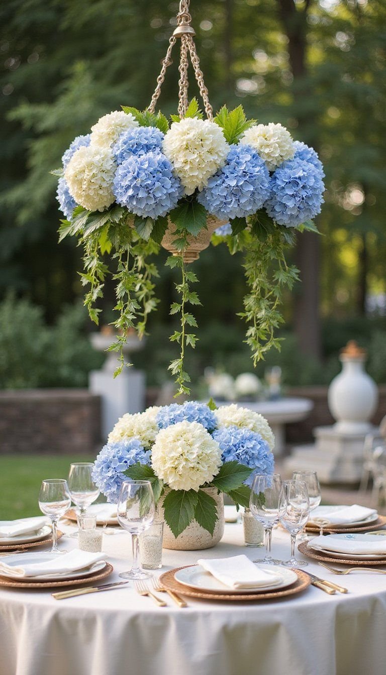 Hydrangea Chandelier Over Round Dining Table