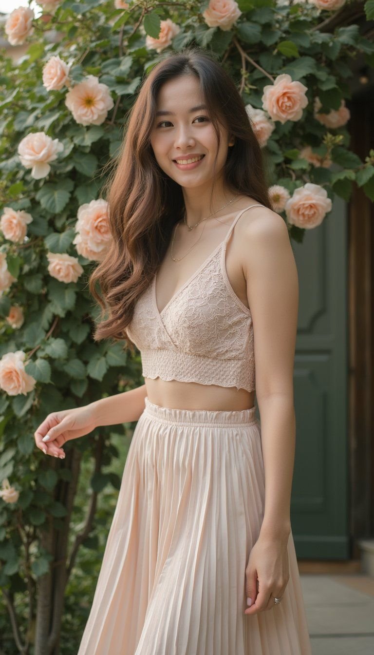 Romantic Lace Top With Pleated Midi Skirt