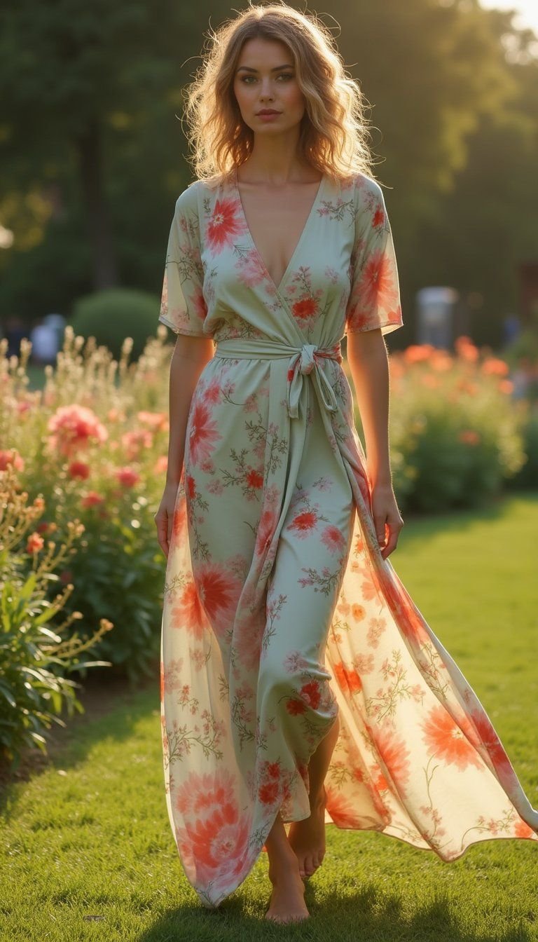 Wrap Maxi Dress In Soft Garden Prints
