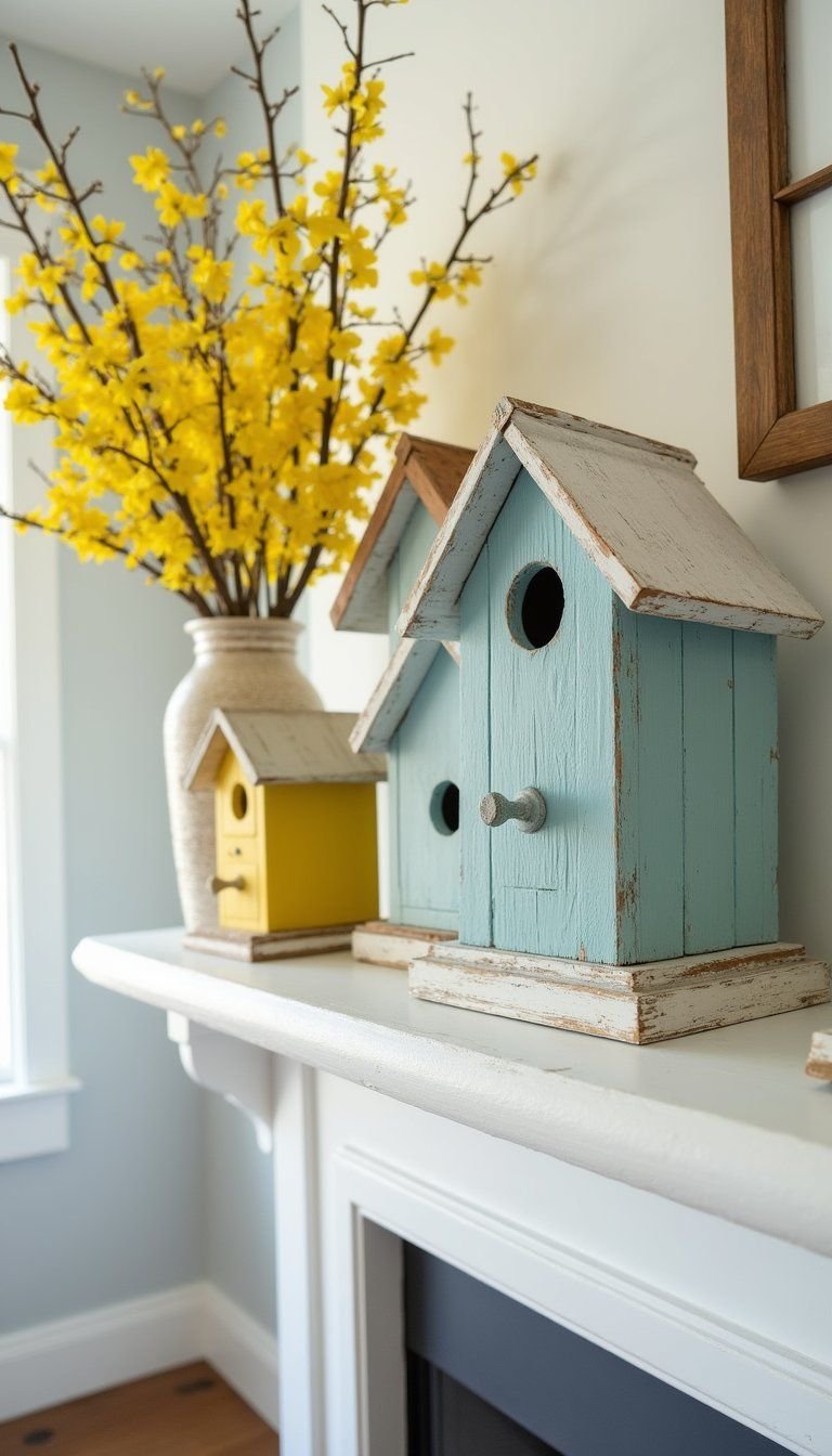 Birdhouse Cluster With Fresh Forsythia Branches