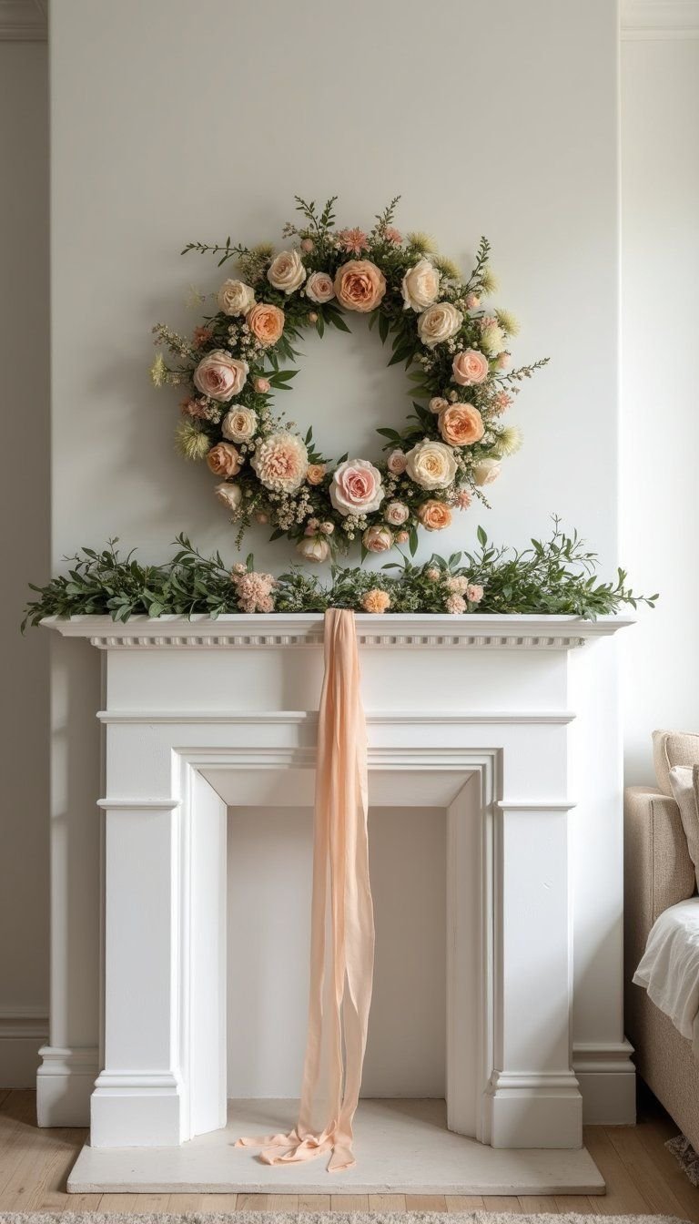 Floral Wreath Over Mantel With Ribbon