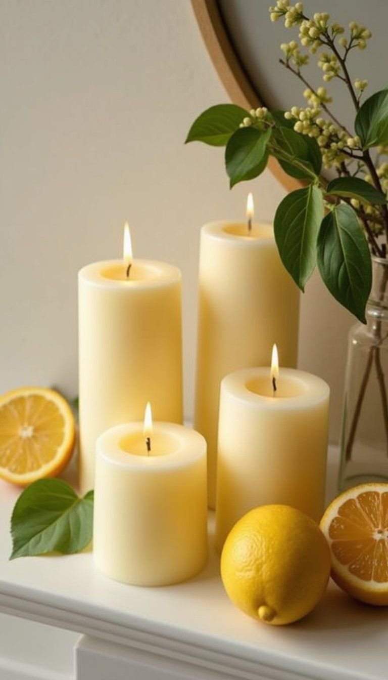 Layered Candles With Lemon Leaf Accents