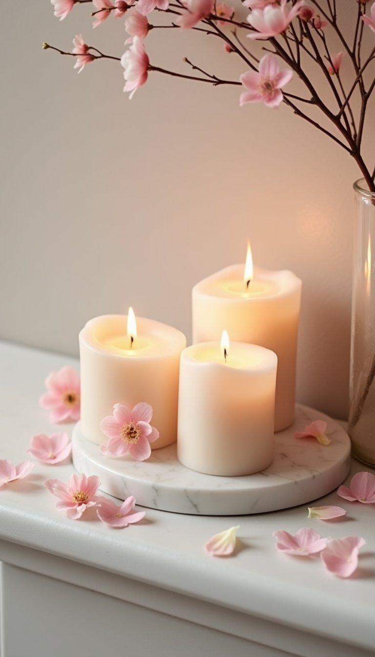 Spring Candle Vignette With Petal Scatter