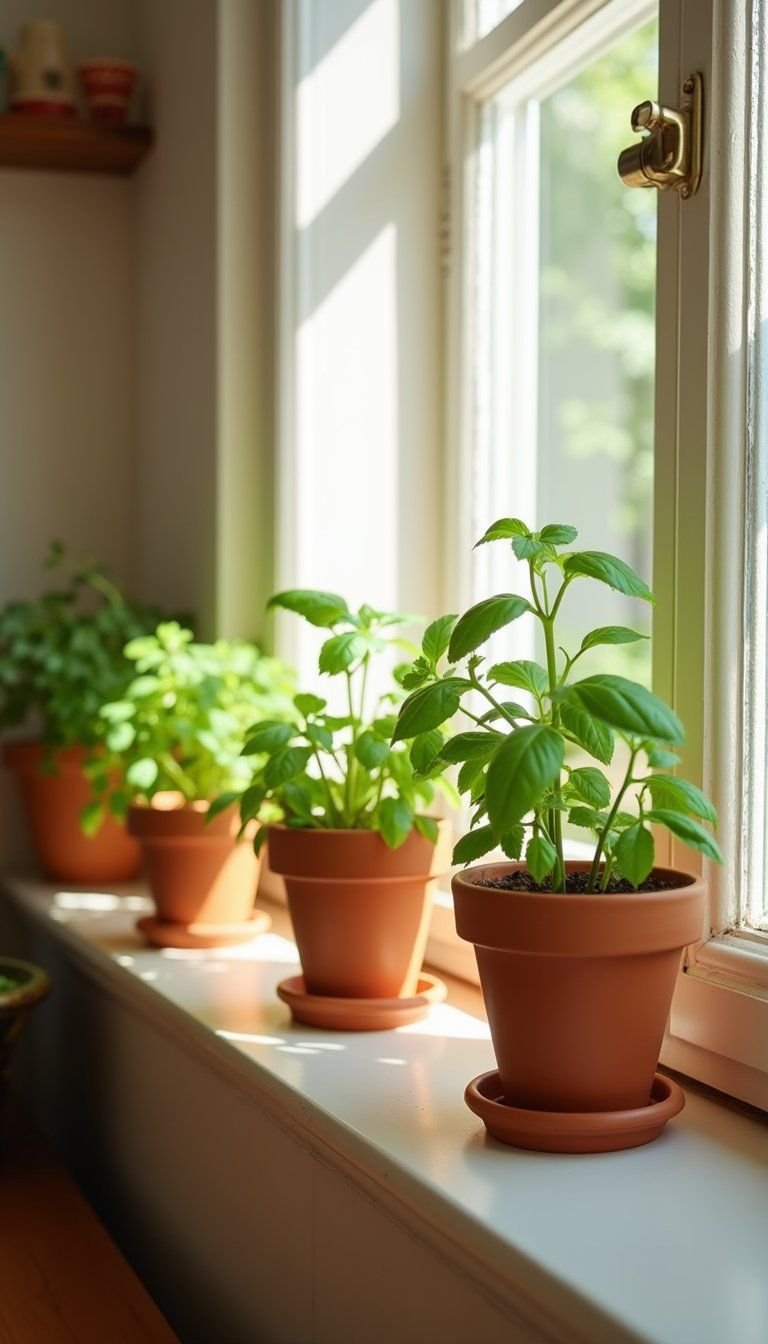 Sunny Window Mantel With Potted Herbs