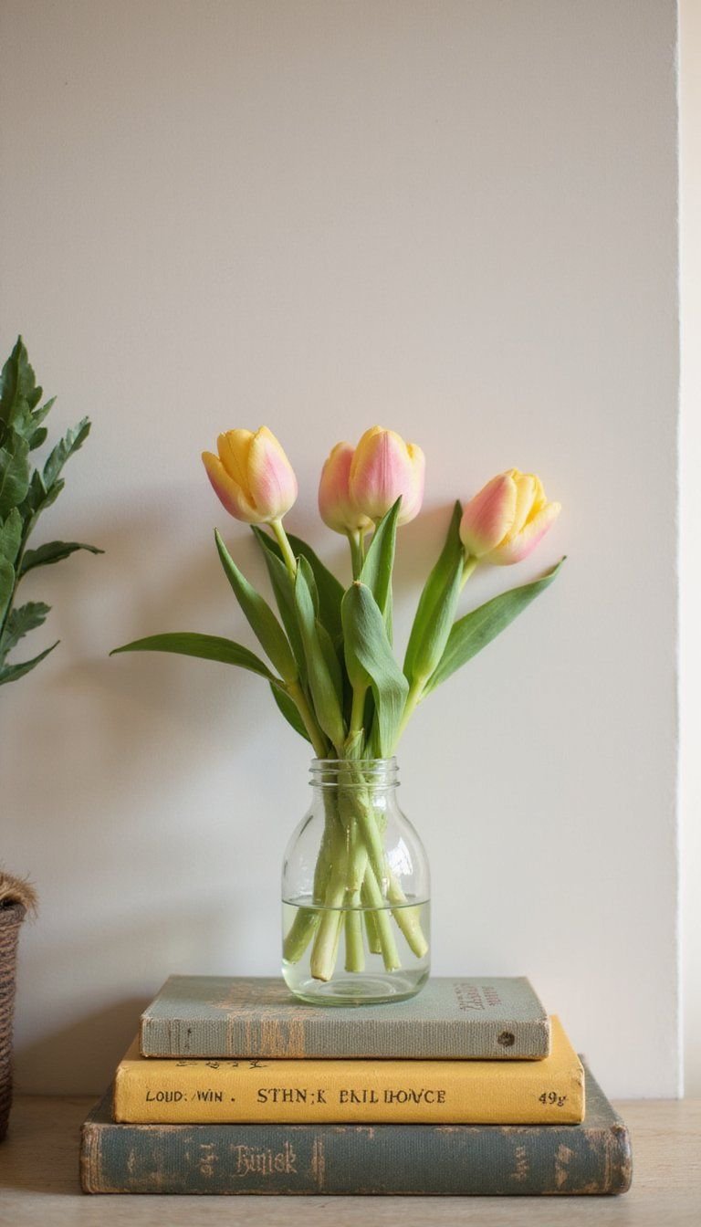 Tulip Trio On Stacked Vintage Books