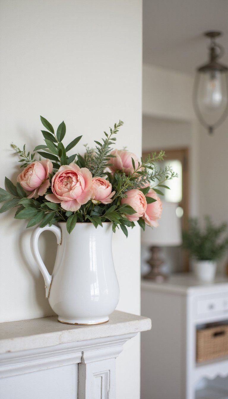 Vintage Pitcher Filled With Peony Bouquets