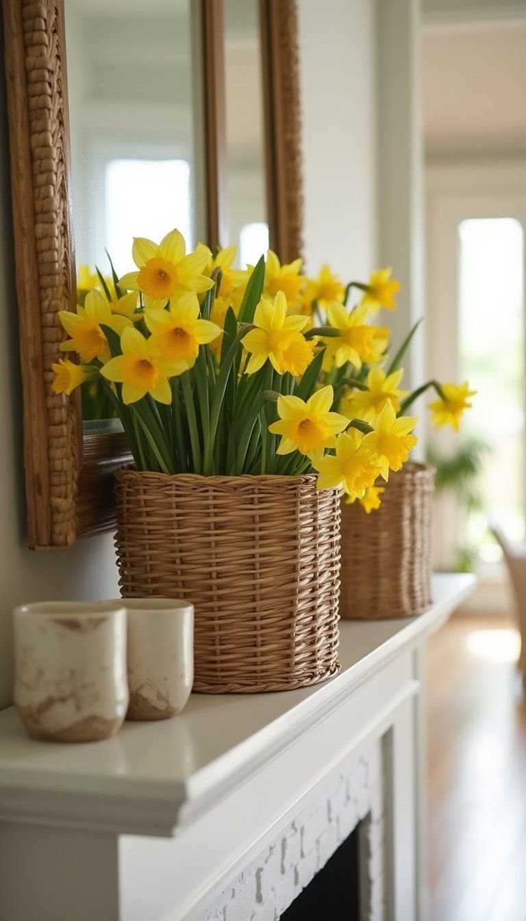 Wicker Basket Trio Brimming With Daffodils