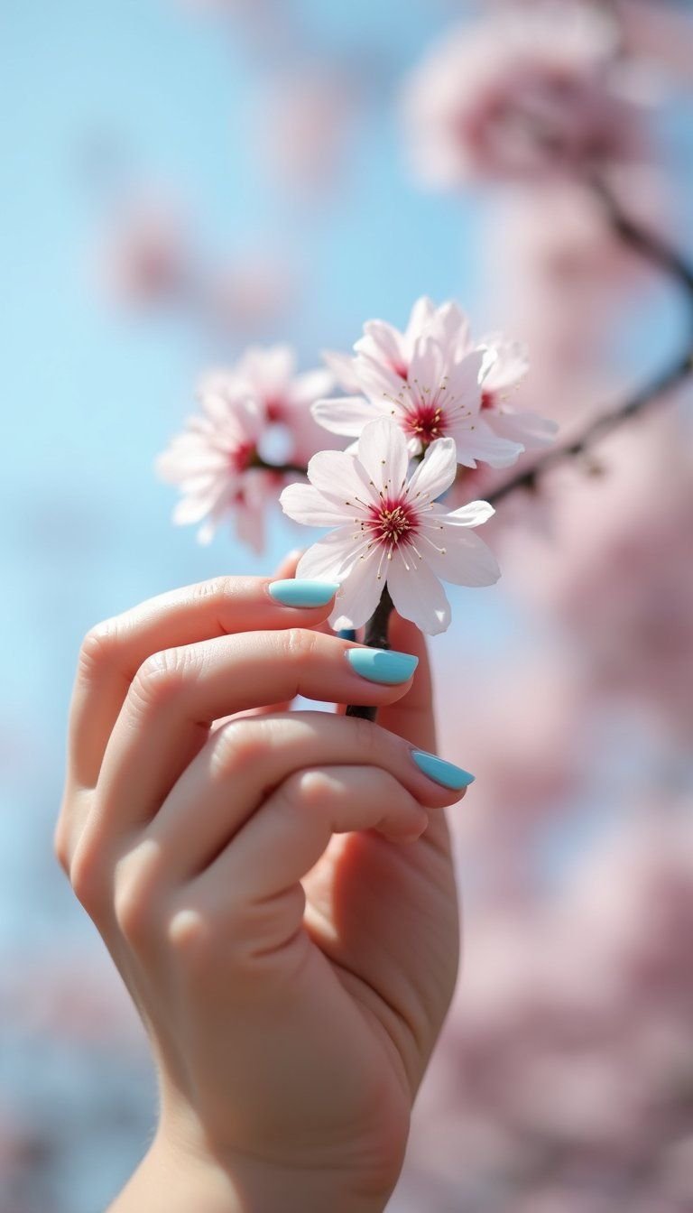 Cherry Blossom Branch Nails On Sky Blue
